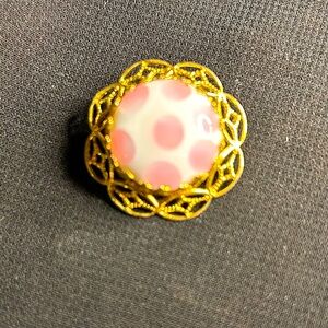 Freirich signed VTG MCM Gold tone filigree and pink and white stone brooch.